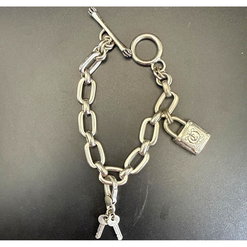JUICY COUTURE Silver Tone Lock & Key Charm Link Toggle Clasp Bracelet